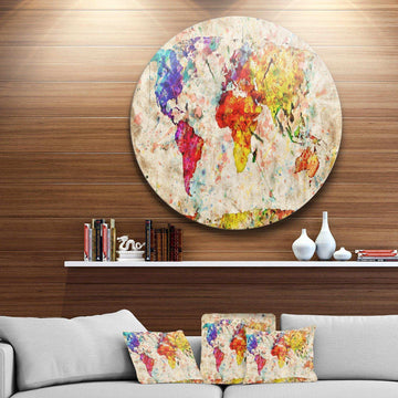 Vintage World Map Watercolor - Map Metal Circle Wall Art